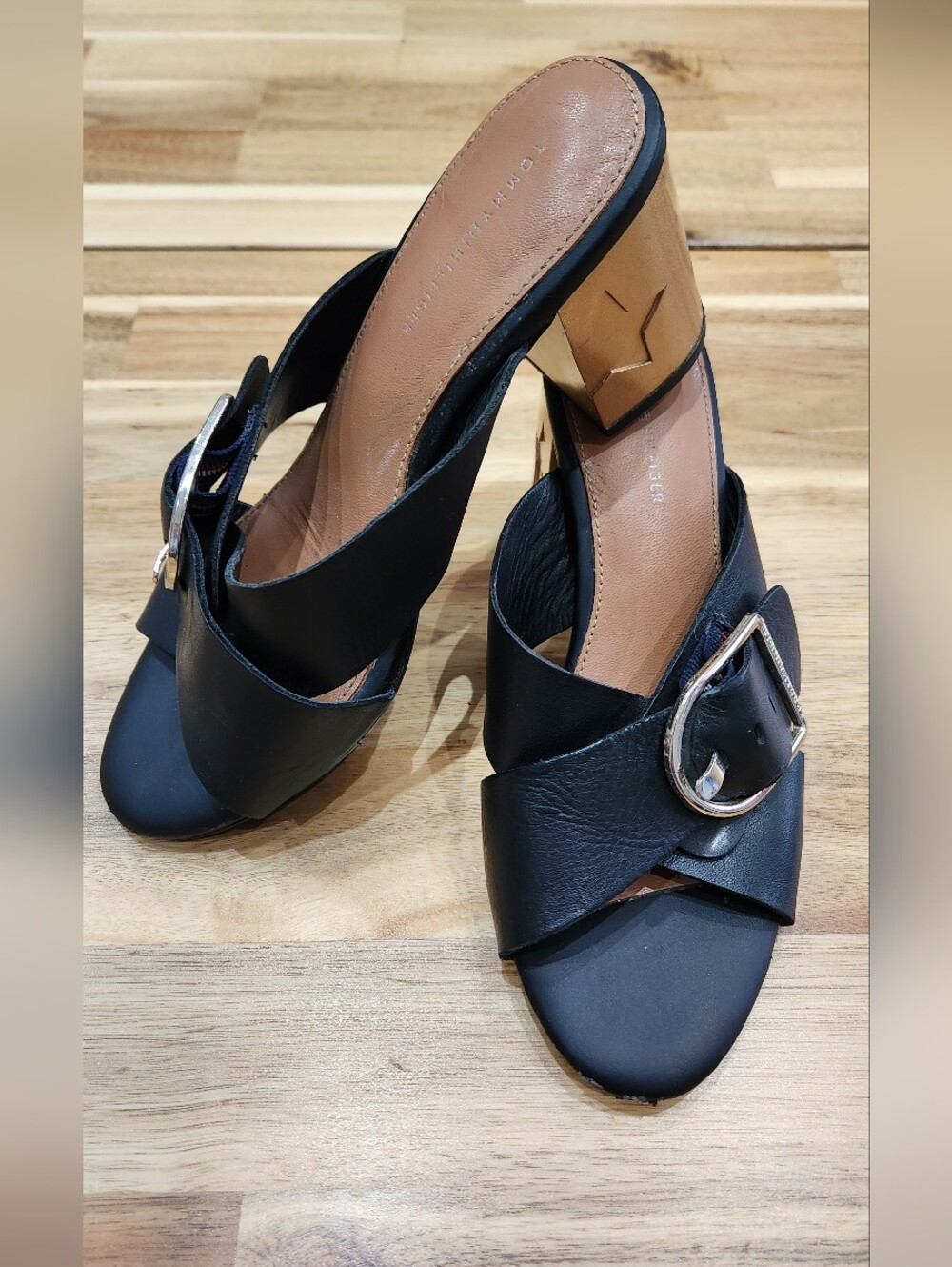 Tommy Hilfiger Black Leather Mule Heels Buckle Detail Size 7.5 / EU 38